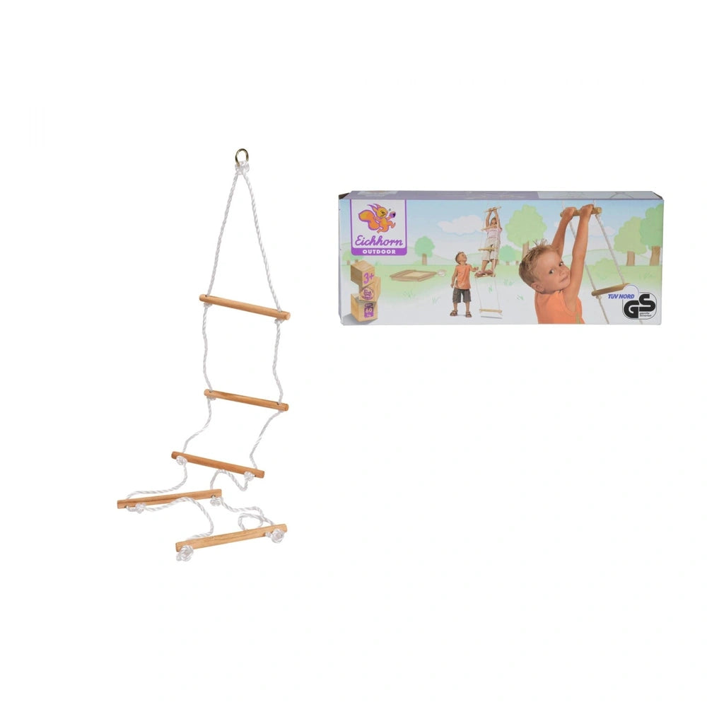 Eichhorn Outdoor Rope Ladder featuring wooden steps, colorful box, and child illustration in a bright outdoor setting.