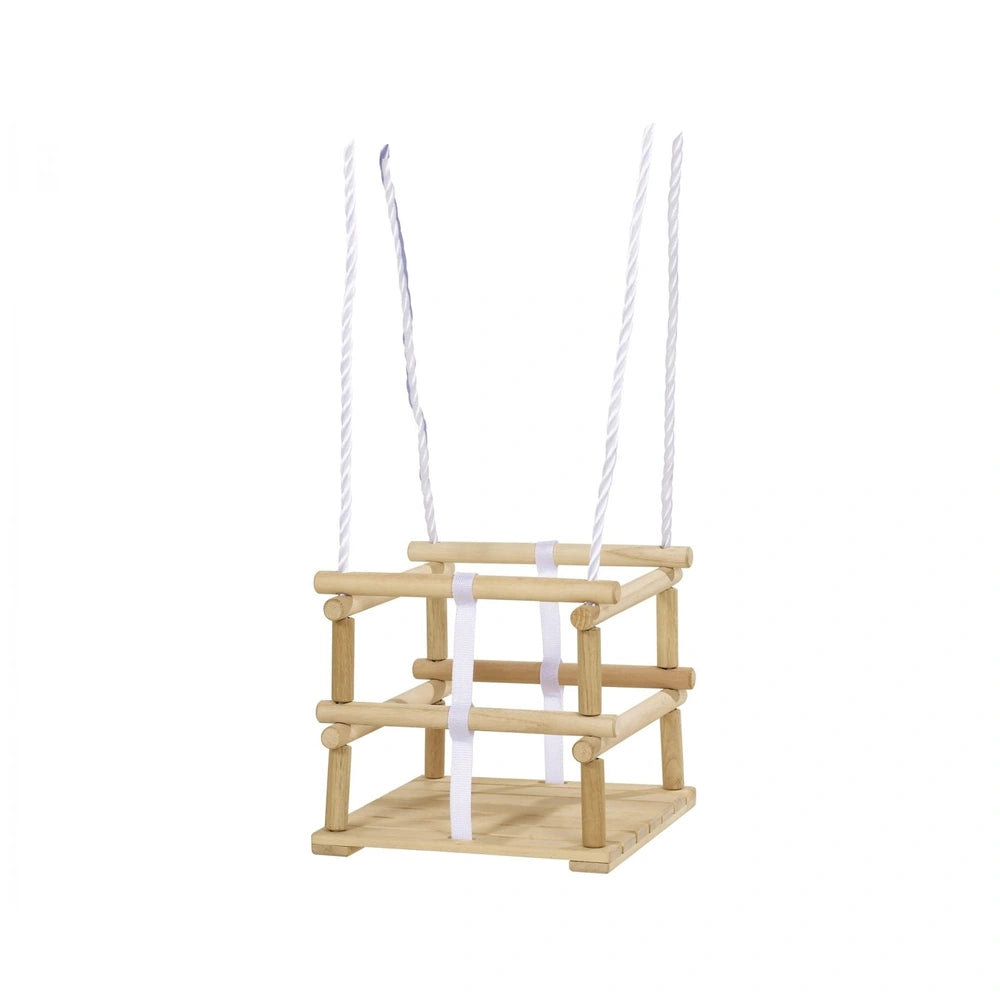 Eichhorn Outdoor Wooden Baby Swing with two seats, sturdy frame, and white ropes; ideal for safe outdoor play.