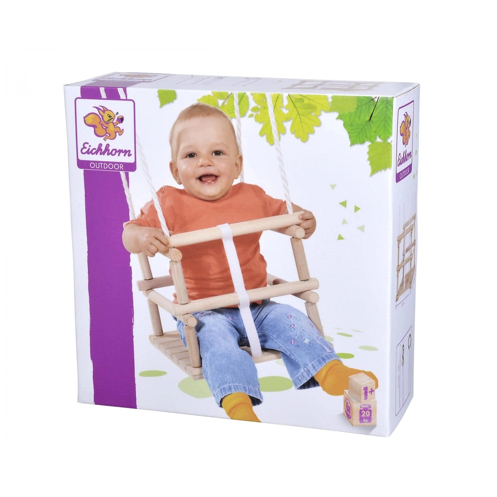 Eichhorn Outdoor Wooden Baby Swing box featuring a happy baby in a purple swing with vibrant outdoor-themed graphics.