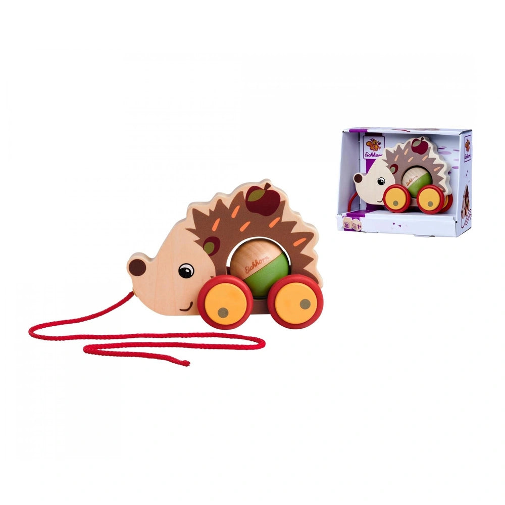 Eichhorn Pull Back Hedgehog toy features a brown hedgehog design with wheels, set against a plain white background.