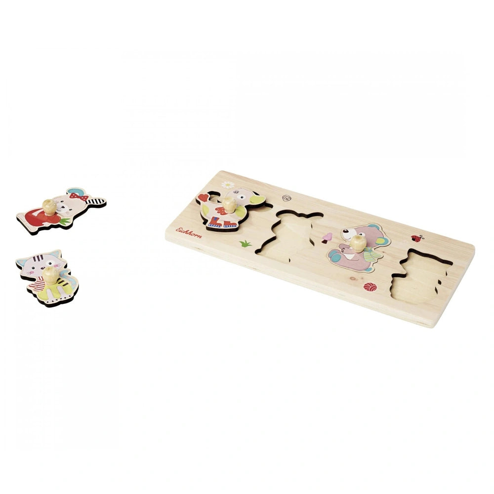 Eichhorn Puzzle Friends features two colorful wooden puzzles with playful designs for children, showcasing various fun shapes