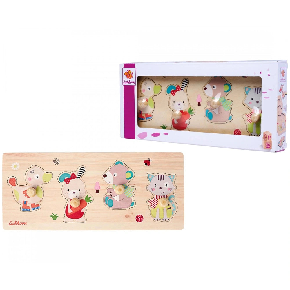 Eichhorn Puzzle Friends features colorful wooden toys with cartoon animal designs, safe for children and perfect for playtime