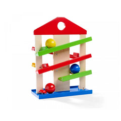 Eichhorn Runway Baby Activity Toys featuring a colorful wooden house and rack with vibrant balls and blocks.