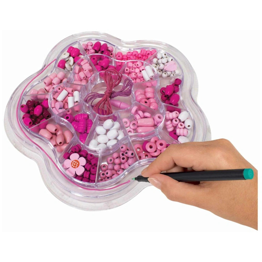 Eichhorn Wooden Bead Set with 275 colorful beads in various shapes arranged in a divided clear tray, ready for crafting.