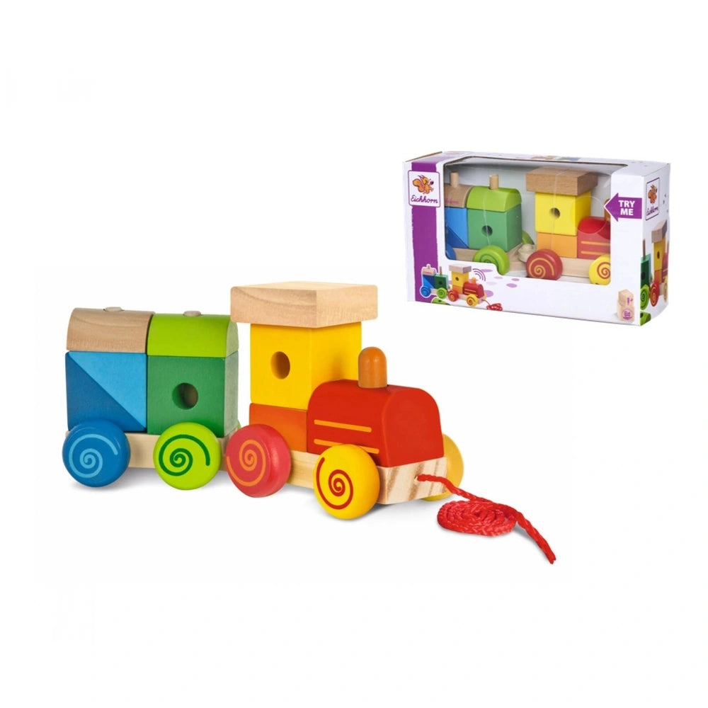 Eichhorn Wooden Train set featuring a colorful 11-piece train engine and car for childrens push and pull play.