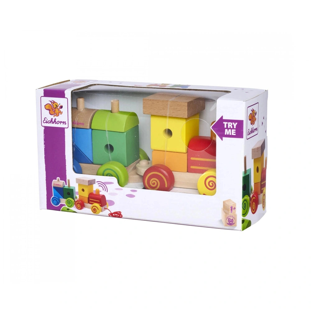 Eichhorn Wooden Train set features 11 colorful pieces for kids, including a train engine, cars, and interactive elements.
