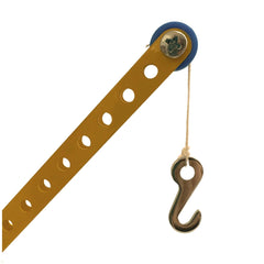 Eitech Crane Mini construction set features a gold-toned metal piece with holes, blue plastic ring, and white string.