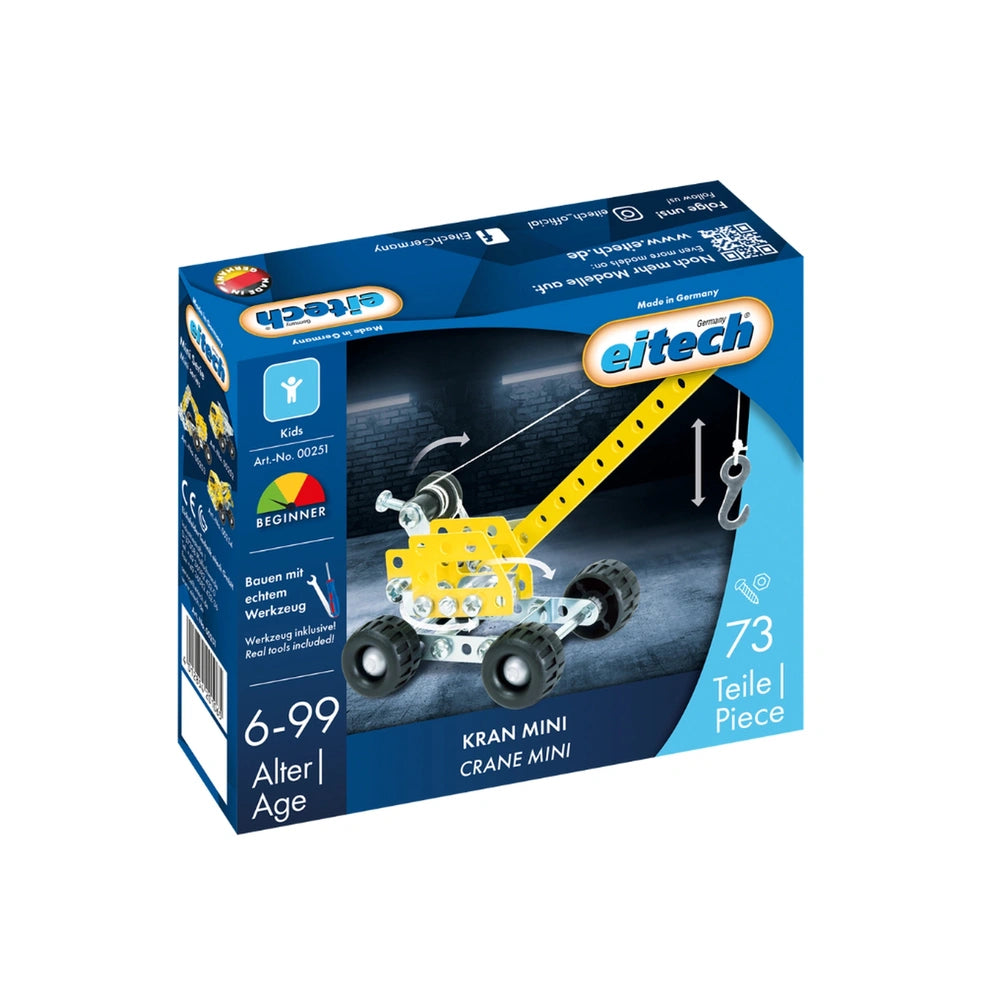 Eitech Crane Mini construction set packaging features a glossy blue design with a yellow crane graphic and clear plastic wind