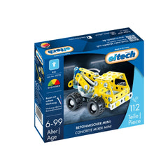 Eitech Mini Concrete Mixer construction set in a blue cardboard box with yellow and gray plastic components visible through t