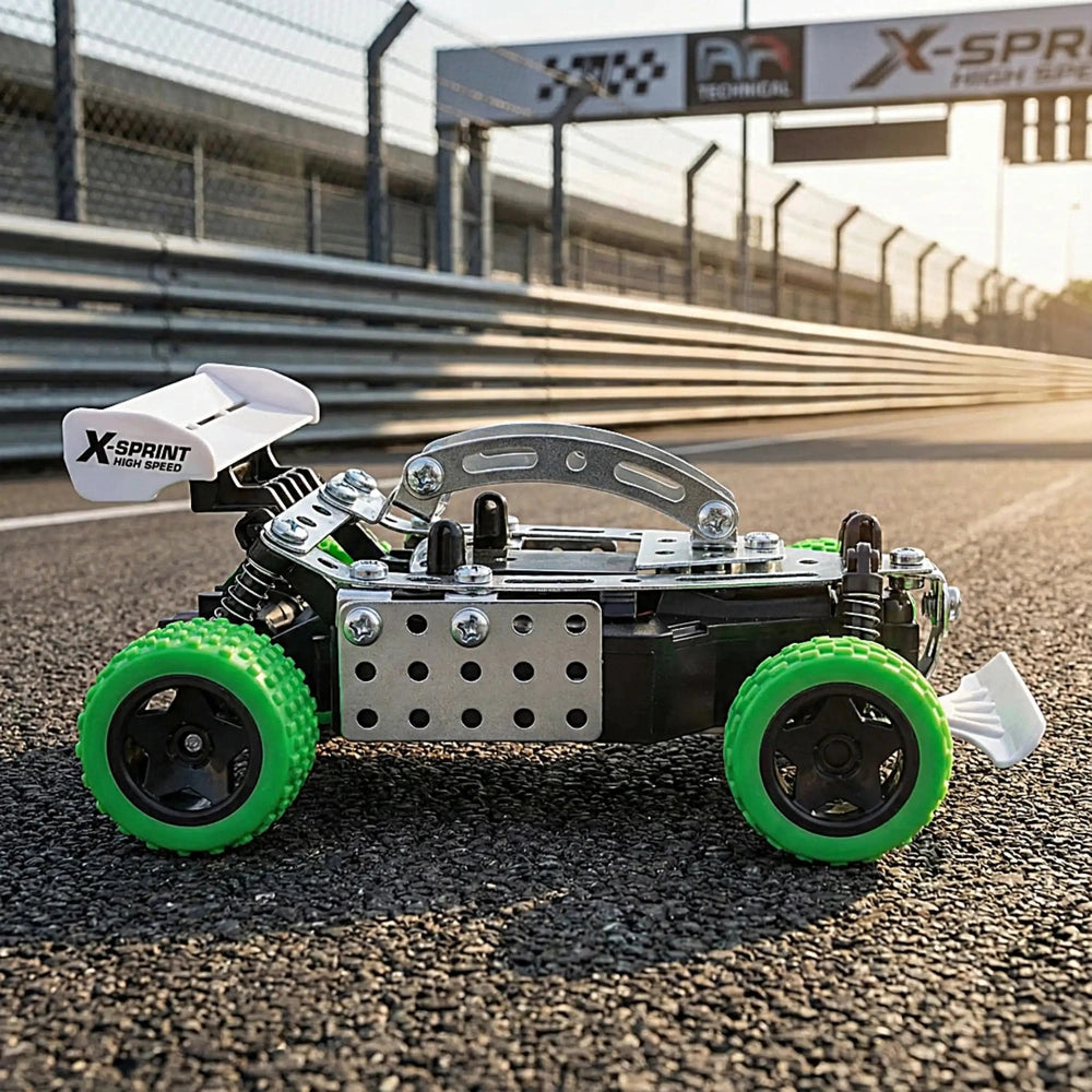 Eitech remote-controlled speed race car features a black metallic body, green wheels, and multiple white spoilers and bumpers