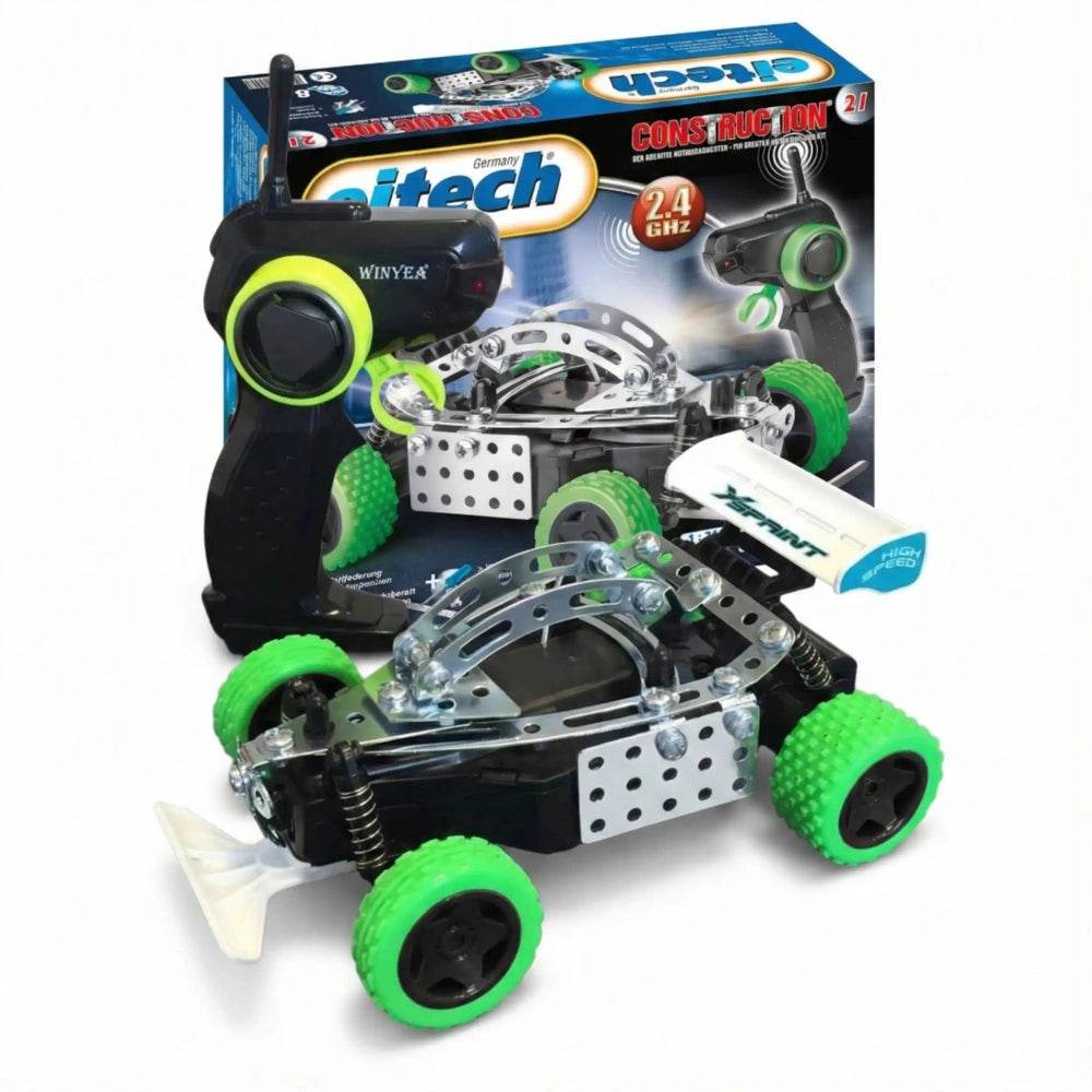 Eitech remote-controlled speed race car construction set packaging features a black car body with green wheels and a blue box