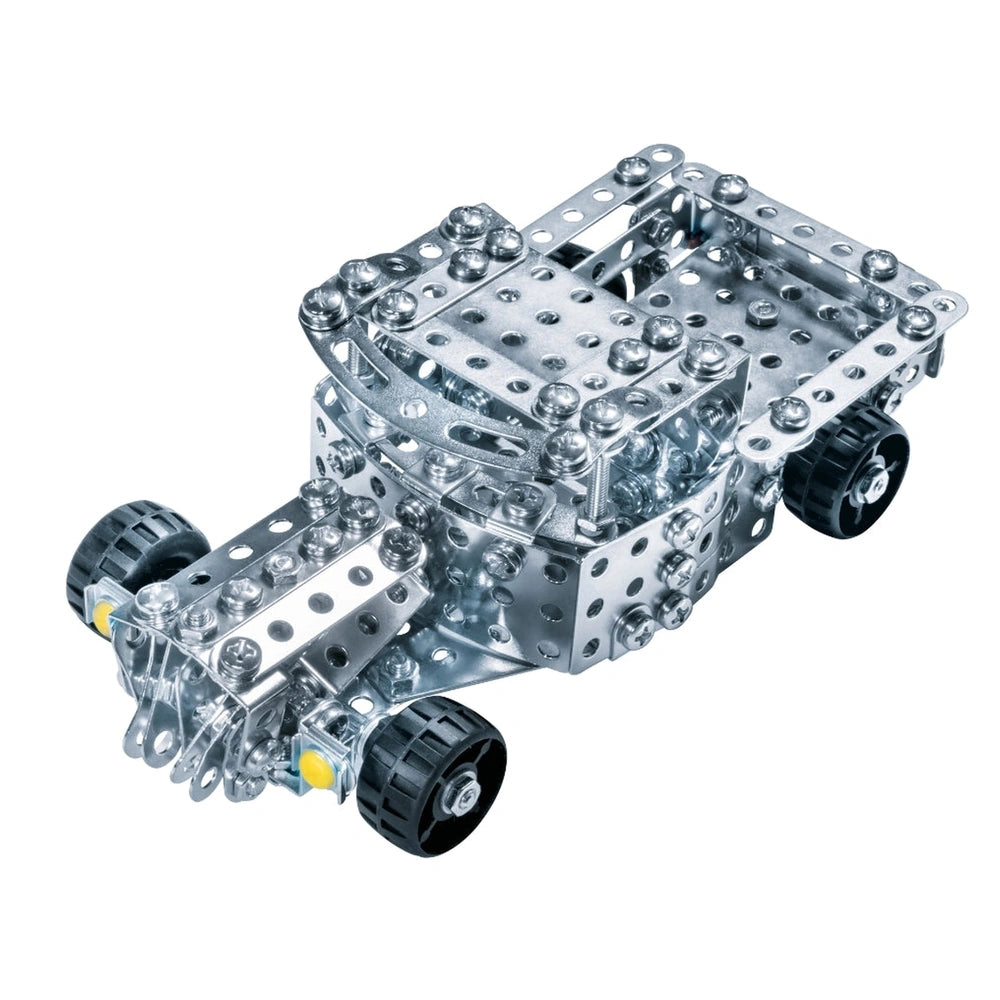 Eitech Speed Racer construction set toy featuring a central chassis, two wheels, and two axles in a front view layout.