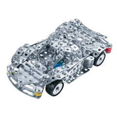 Eitech Speed Racer construction set features a shiny silver car with black wheels, blue interior, and red roof, front view di