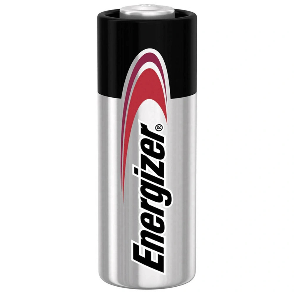 Energizer A23 battery with metallic finish, featuring black, red, and white design, cylindrical shape, and brand name visible