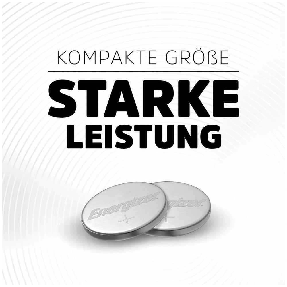 Energizer Button Cell CR 2025, metallic with reflective surface, features logo and text "KOMPAKTE GROBE STARKE LEISTUNG".