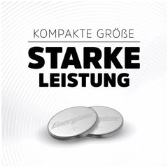 Energizer Button Cell CR 2025, metallic with reflective surface, features logo and text "KOMPAKTE GROBE STARKE LEISTUNG".