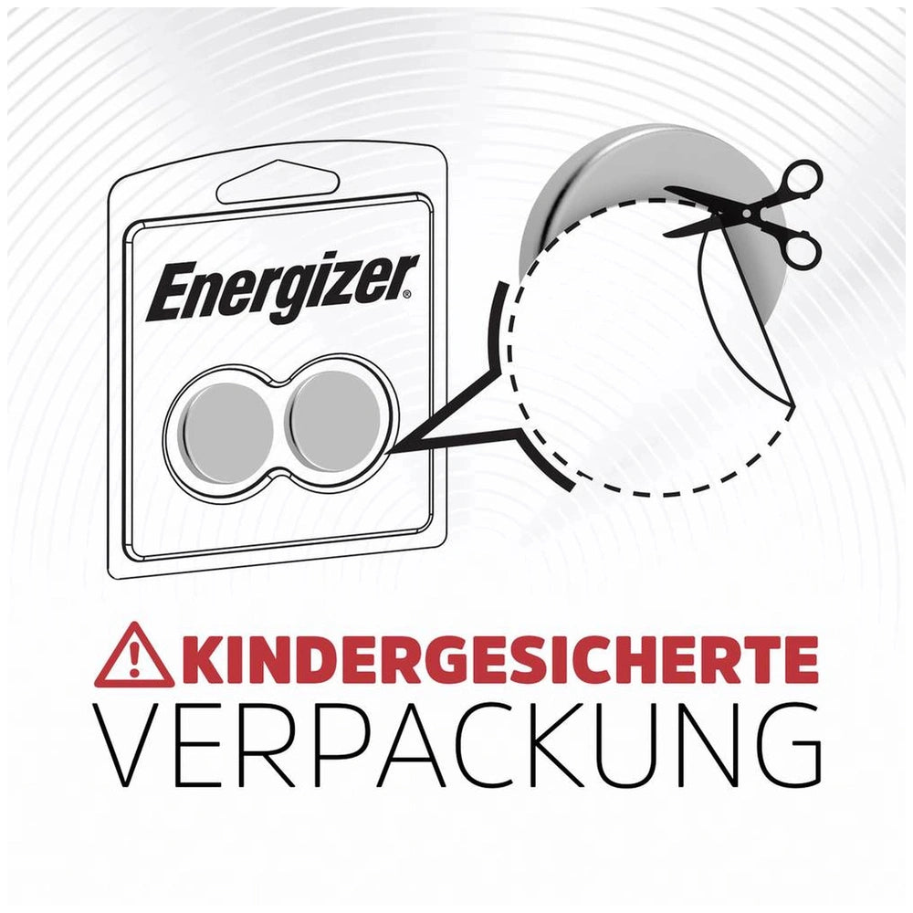 Energizer CR 2025 button cell battery packaging features a glossy window, black text, scissors, glasses, and a red warning la
