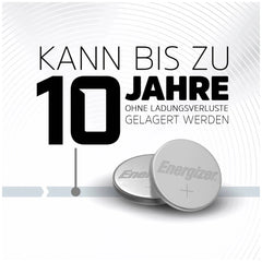 Energizer CR2 3V button cell batteries in silver, featuring a label indicating up to 10 years of use.