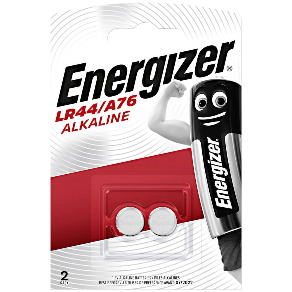 Energizer LR44 1.5V alkaline button cell batteries in red and black packaging, featuring a 2-pack display and clear labeling.