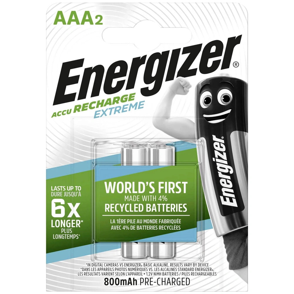 Energizer Extreme HR03 AAA rechargeable battery pack with 800mAh, featuring a green background and multiple eco-friendly labe