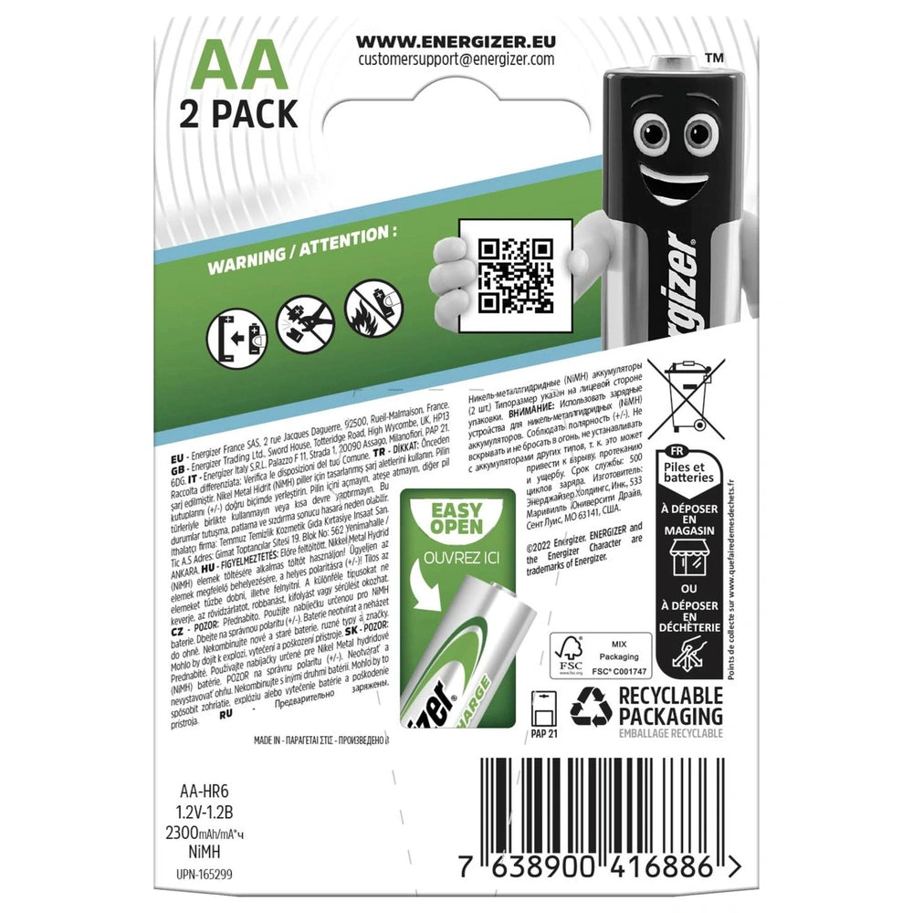 Energizer Extreme HR06 AA rechargeable batteries in glossy retail packaging with recyclable symbol and QR code, featuring bla