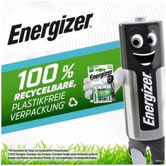 Energizer Extreme HR06 AA rechargeable battery packaging on green grass, featuring recyclable materials and bold branding.