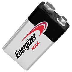 Energizer Max 6LR61 9V alkaline battery with a smooth white case, red and black logo, and rectangular shape.