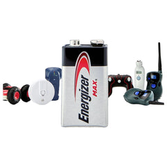 Energizer Max 6LR61 9V battery in black and silver with red and white label, surrounded by black and white remote controls.