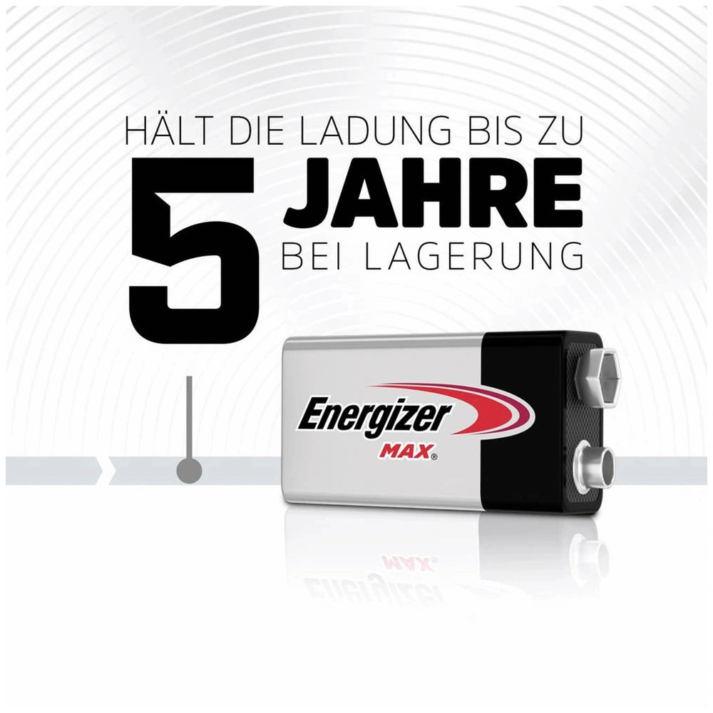 Energizer Max 6LR61 9V battery with metallic silver surface, black text, and a white-gray gradient background.