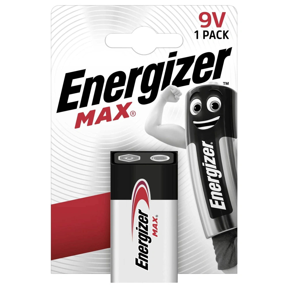 Energizer Max 9V battery pack in retail packaging with red stripe, featuring logo and smiling face on a white background.