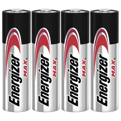 Energizer Max AA batteries in glossy red and white packaging with black terminals, featuring "ENERGIZER MAX" branding.