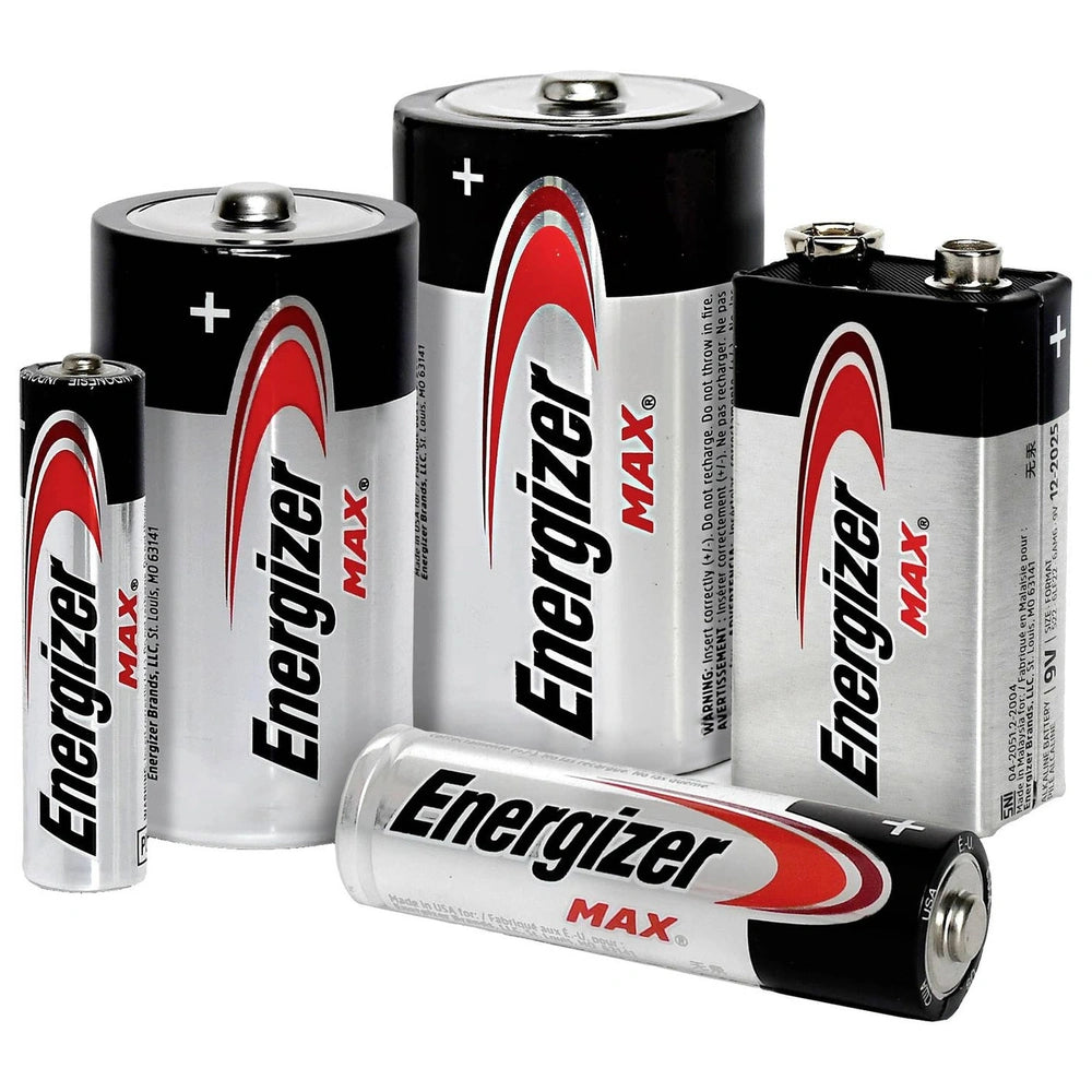 Energizer Max AA batteries in red and silver stripes, featuring "ENERGIZER MAX" labels on a black background, 4 pack.
