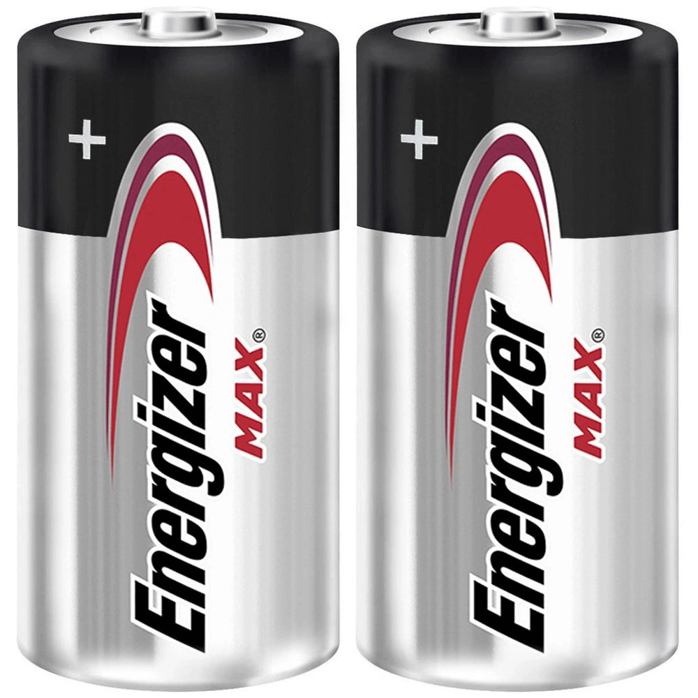 Energizer Max LR14 C batteries with red and white striped casing, featuring a silver cap and bold branding.