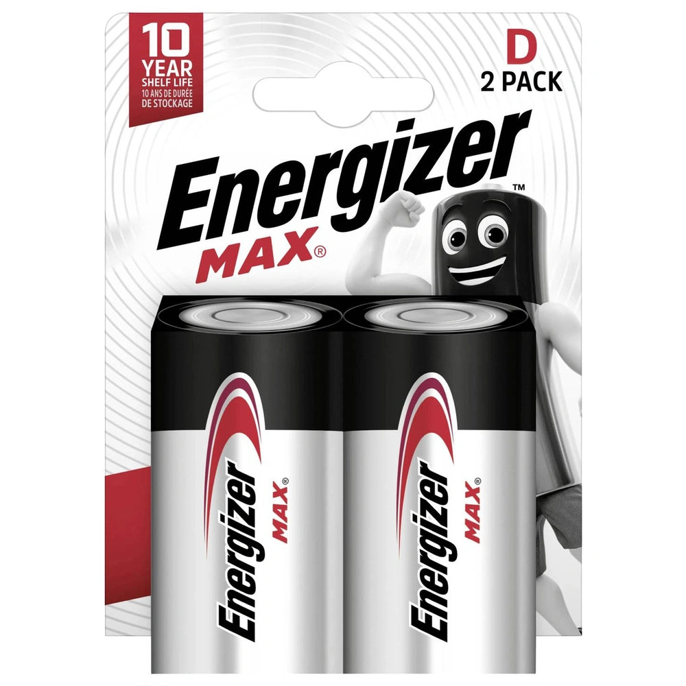 Energizer Max LR20 D Battery packaging featuring glossy materials, red and white stripes, and bold black text on a white back