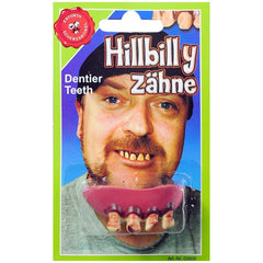 Hillbilly prosthetic dentures in soft foam latex displayed in green packaging with a transparent window and bold white text.