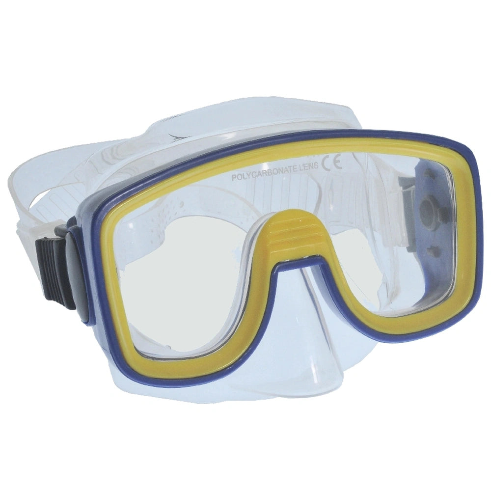 Joker Junior allergy-free PVC diving mask with yellow and blue frame, black strap, and clear lenses for ages 7 to 14.
