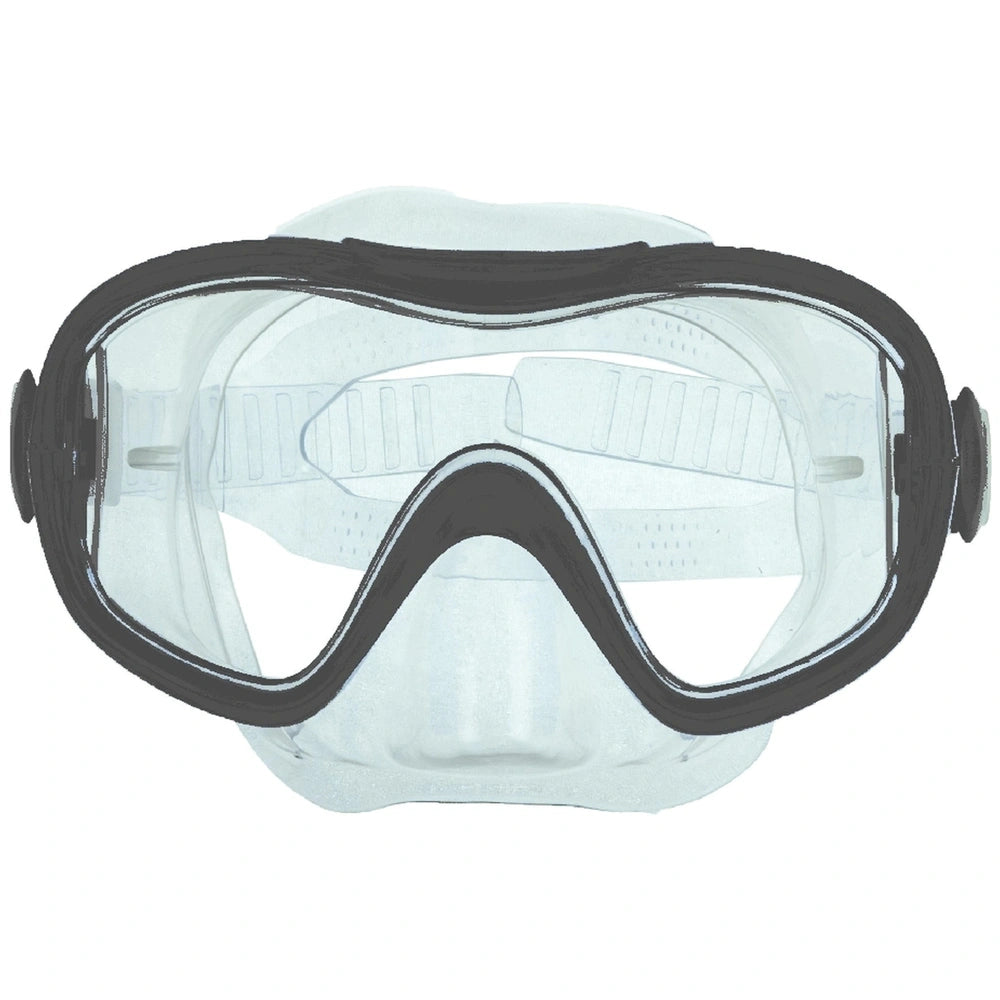 Escubia Senior Jump PVC diving mask features a black frame, gray strap, and clear lens, designed for ages 14 and up.