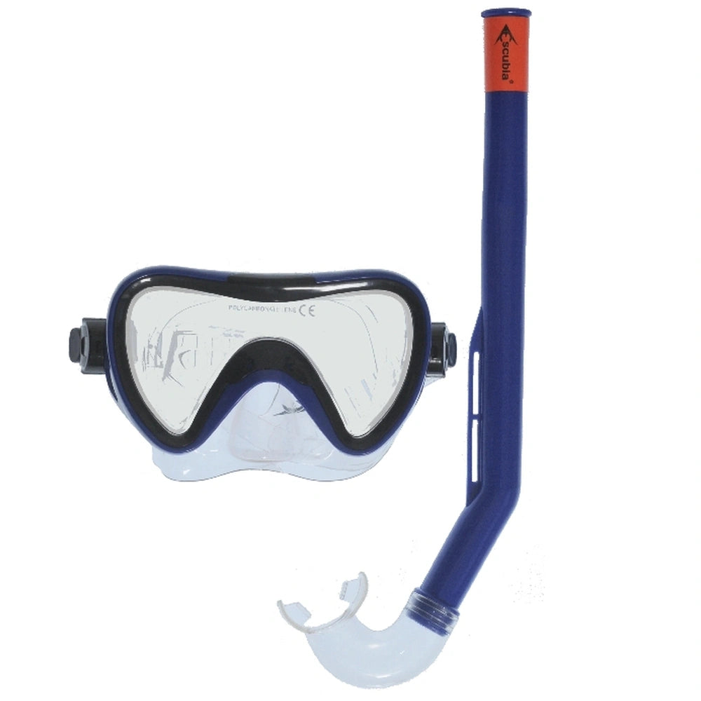 Escubia Orca allergy-free PVC diving mask set features blue and clear goggles with an orange snorkel.