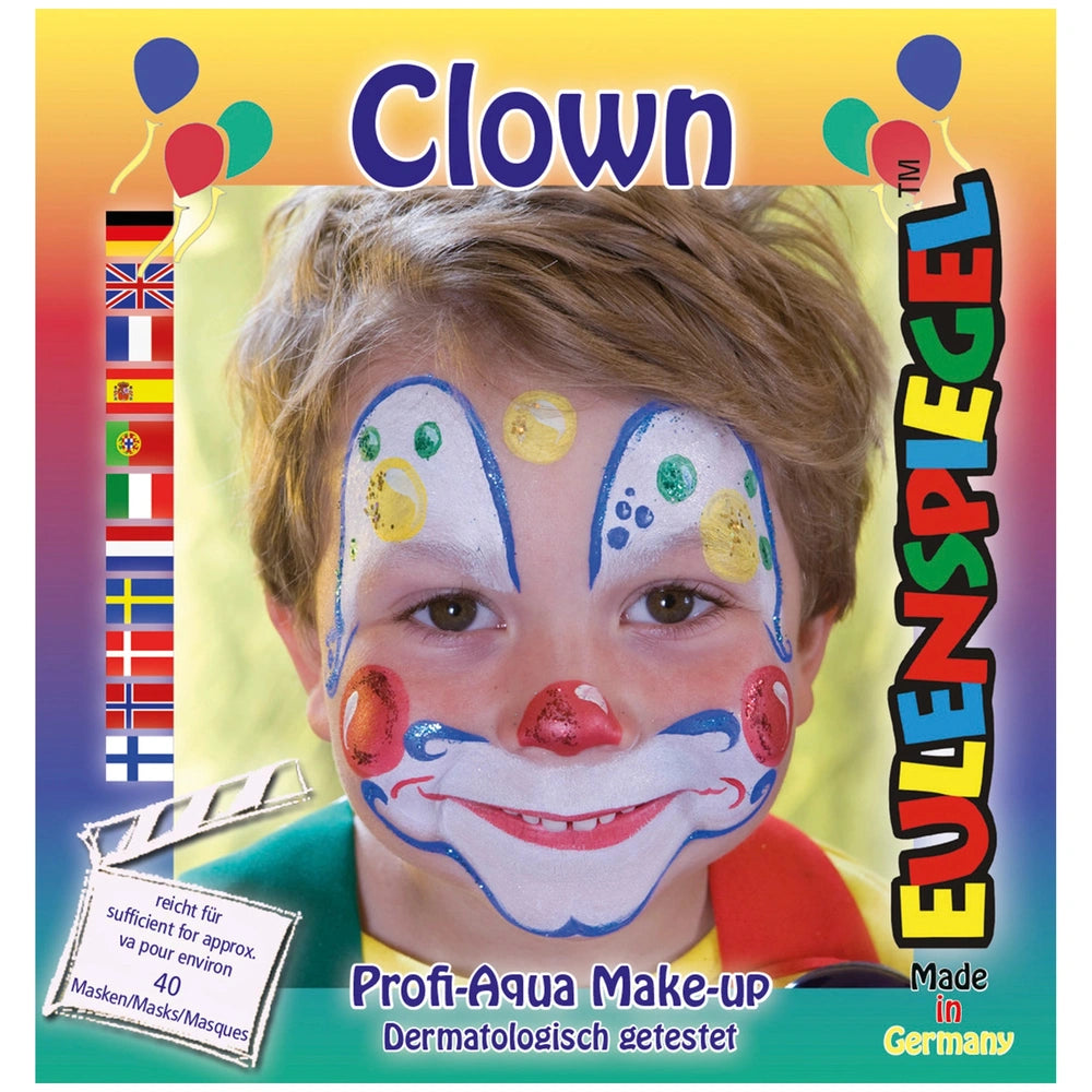 EULENSPIEGEL Clown Makeup Set features a child in a clown mask, vibrant face paint, and colorful balloons against a solid bac