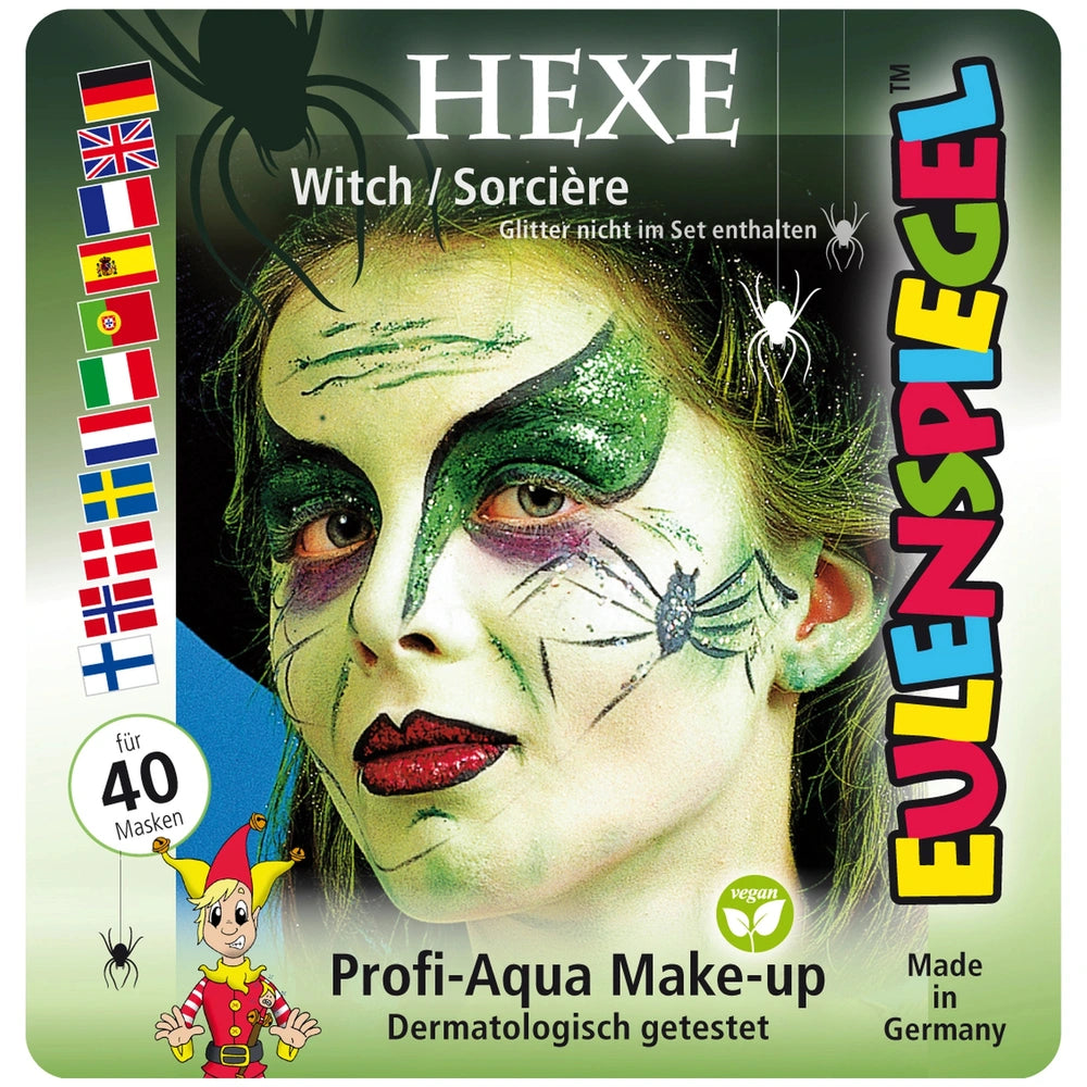 EULENSPIEGEL Witch Makeup Set packaging features a woman's green and black painted face, with a spider and clown illustration