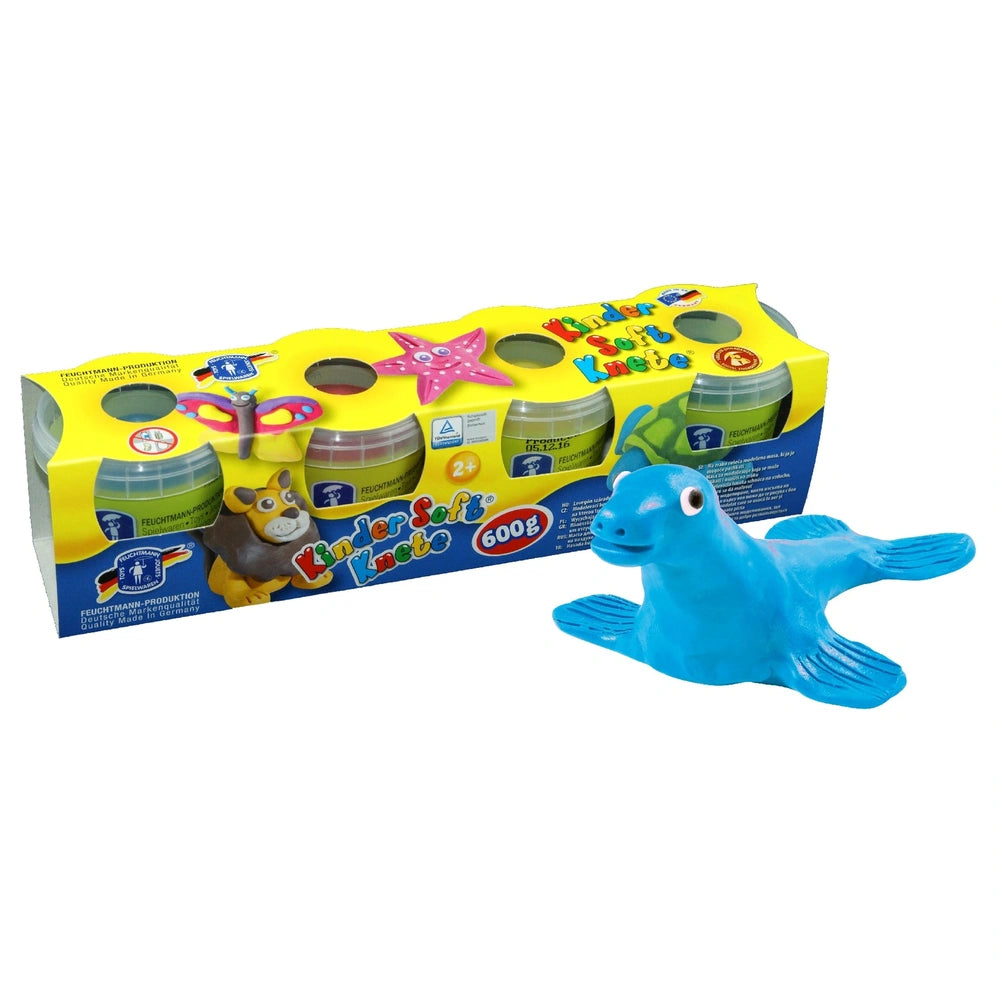 Feuchtmann Basic Modelling Dough pack features a glossy yellow cardboard box with colorful labels and a blue plastic toy visi