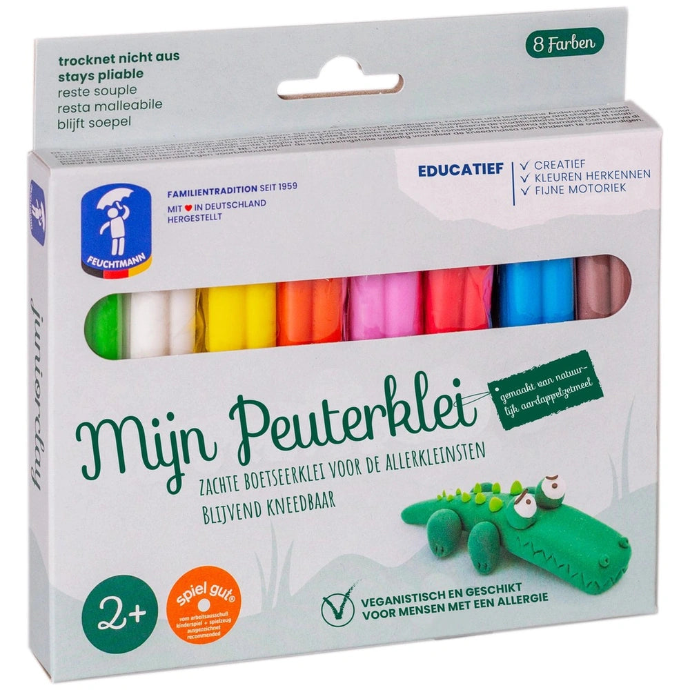Feuchtmann Basic Modelling Dough pack features 8 colors in a white cardboard box with a transparent window and alligator icon