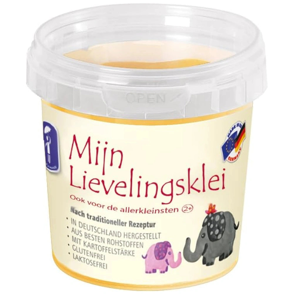 Feuchtmann Basic Modelling Dough in a plastic container with a yellow interior, red text, and a pink elephant graphic.