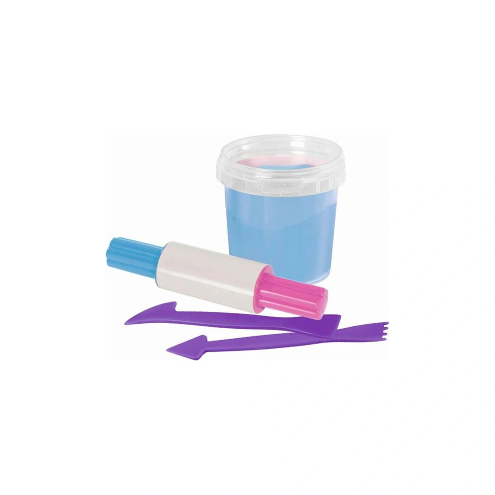 Feuchtmann Infant Art Impression Basic Pack includes purple fork and knife, pink spoon, and blue cup in a clear plastic conta