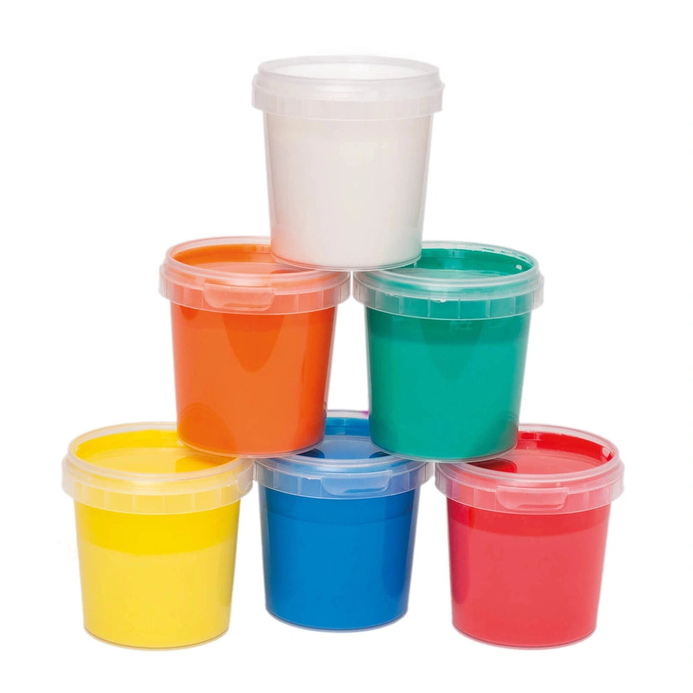 Feuchtmann Klecksi Basic Maxi Finger Paints pack of six plastic containers in vibrant colors: yellow, orange, blue, green, an