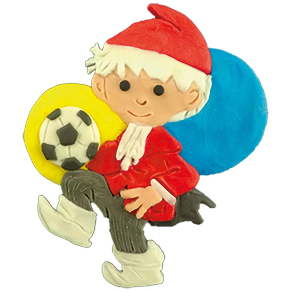 Feuchtmann Window Clay Sandman Box features a red doll with white hair, yellow and black soccer ball, and white boots.