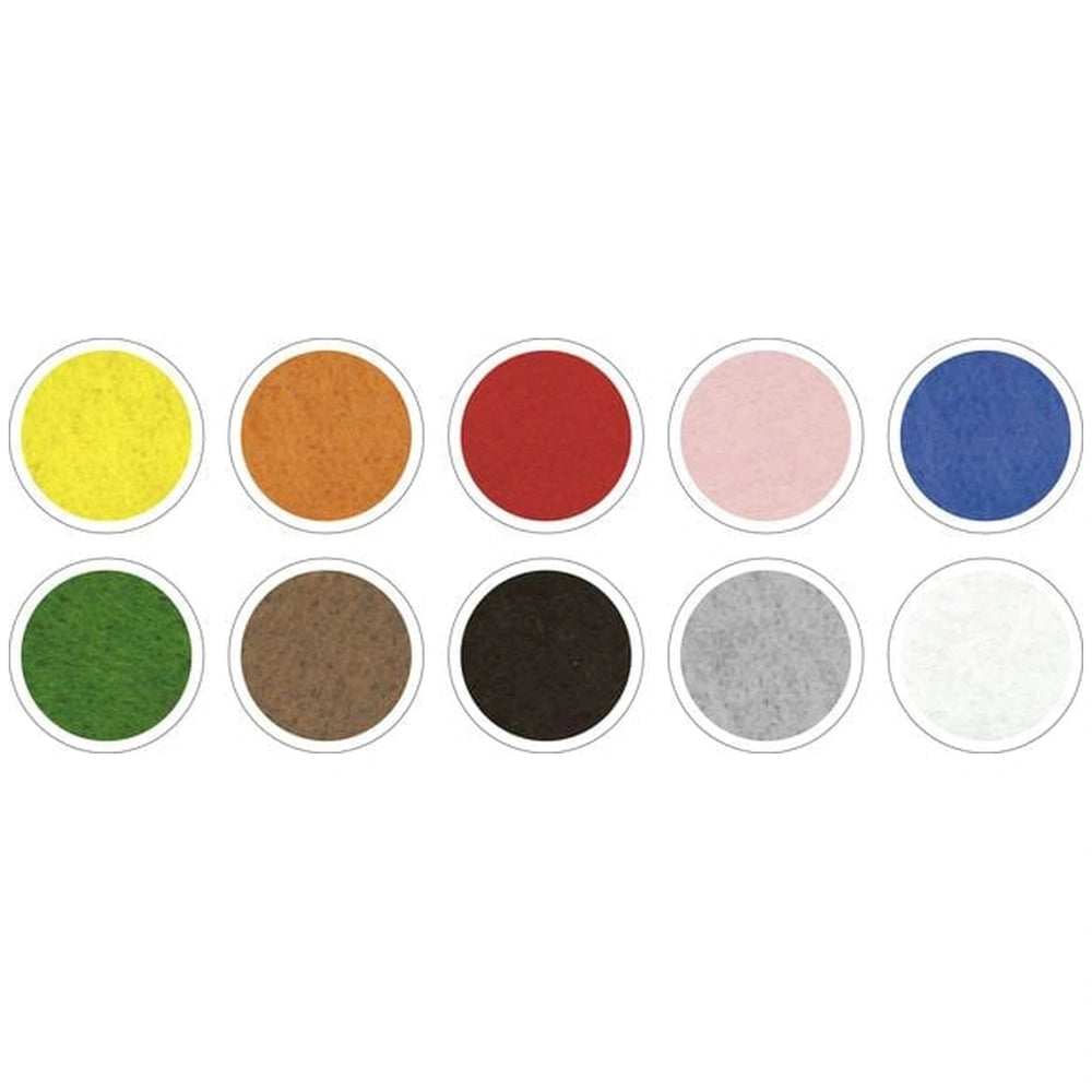 Folia Basic Bastelfilz craft felt features six circular sheets in yellow, green, red, black, and glossy white, arranged centr