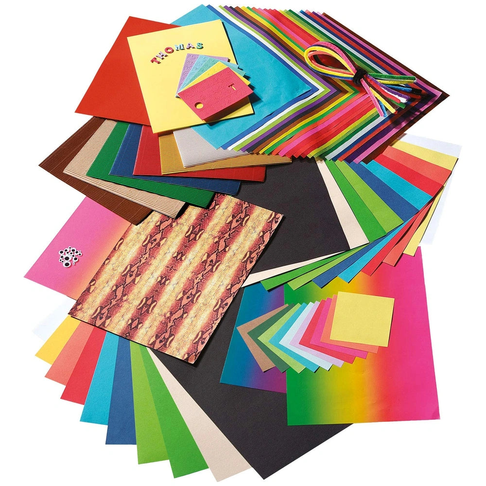 Folia Creative Box contains 323 multi-coloured arts and crafts sheets in red, yellow, blue, green, pink, orange, and brown.