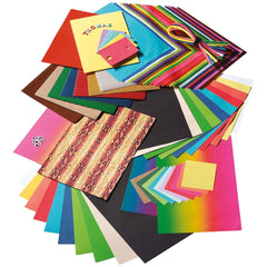 Folia Creative Box contains 323 multi-coloured arts and crafts sheets in red, yellow, blue, green, pink, orange, and brown.