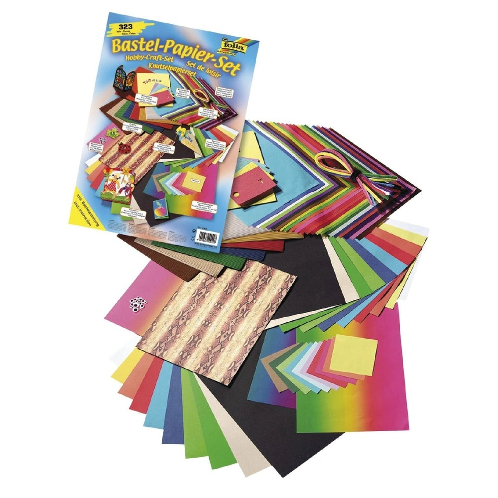 Folia Creative Box with 323 multi-coloured craft sheets in a vibrant package featuring glossy and matte finishes.